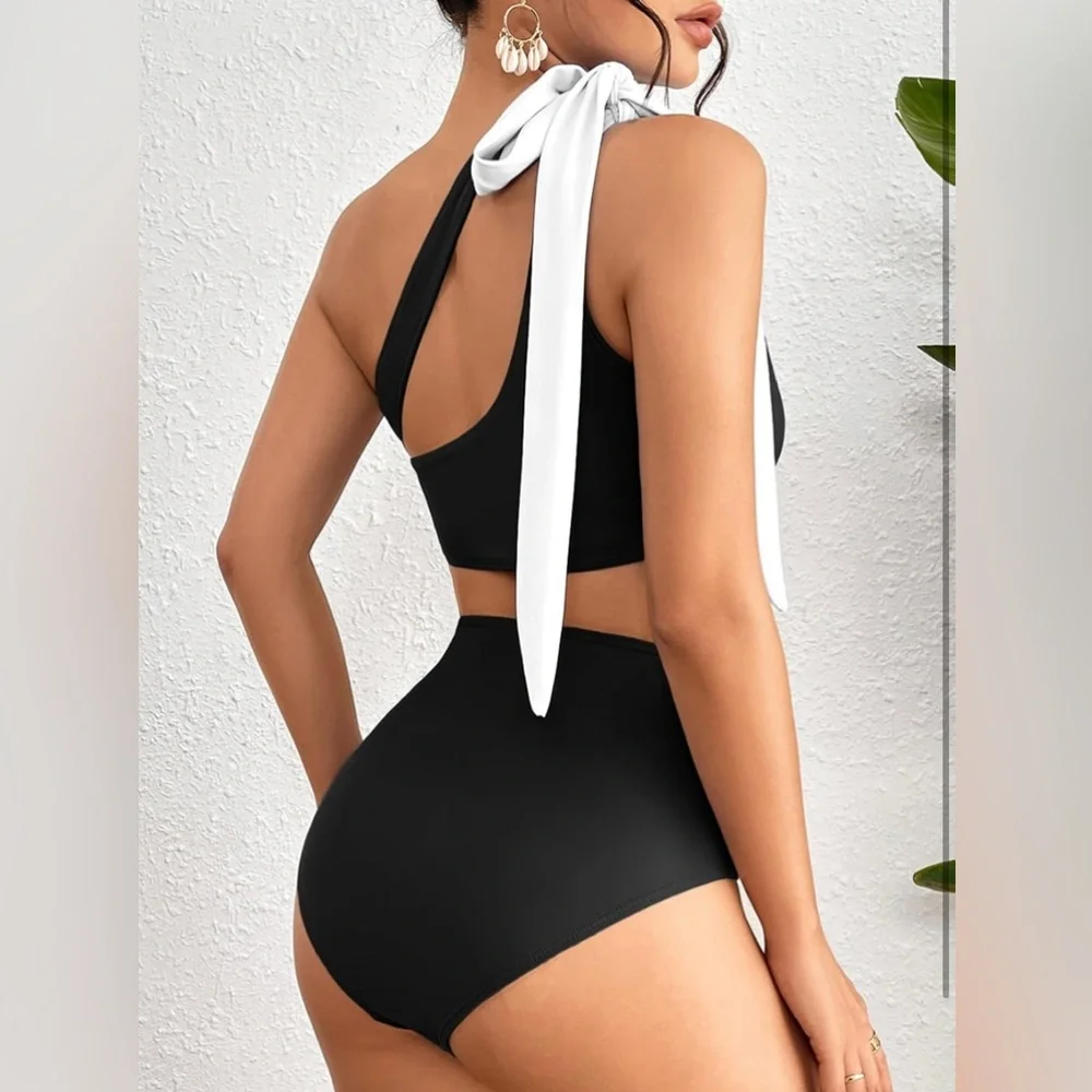 Women's XL Black One Shoulder High Waist Bikini Swimsuit White Bow Tie Beachwear